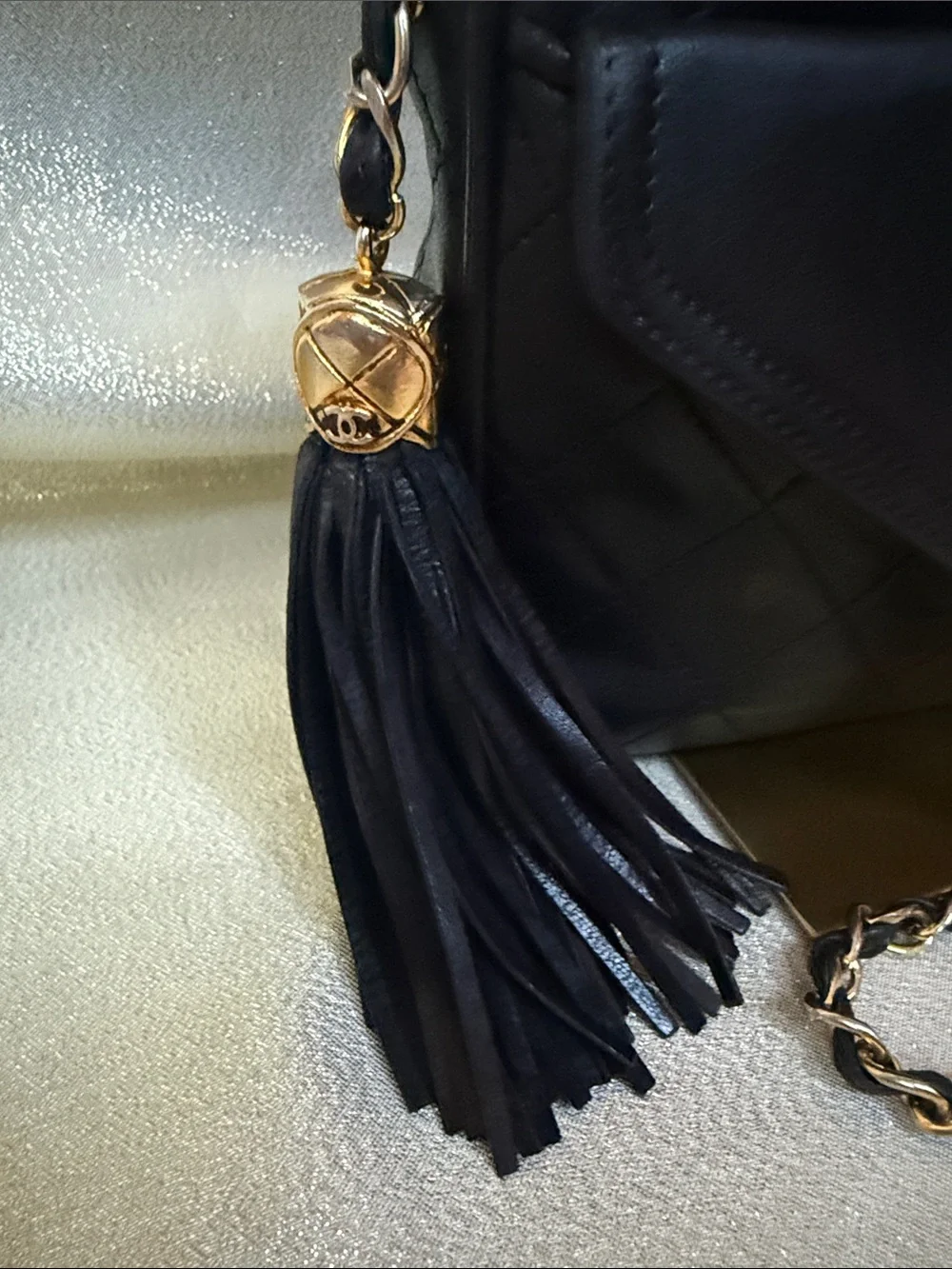 CHANEL Black Quilted Lambskin Shoulder Camera Bag with Tassel Vintage